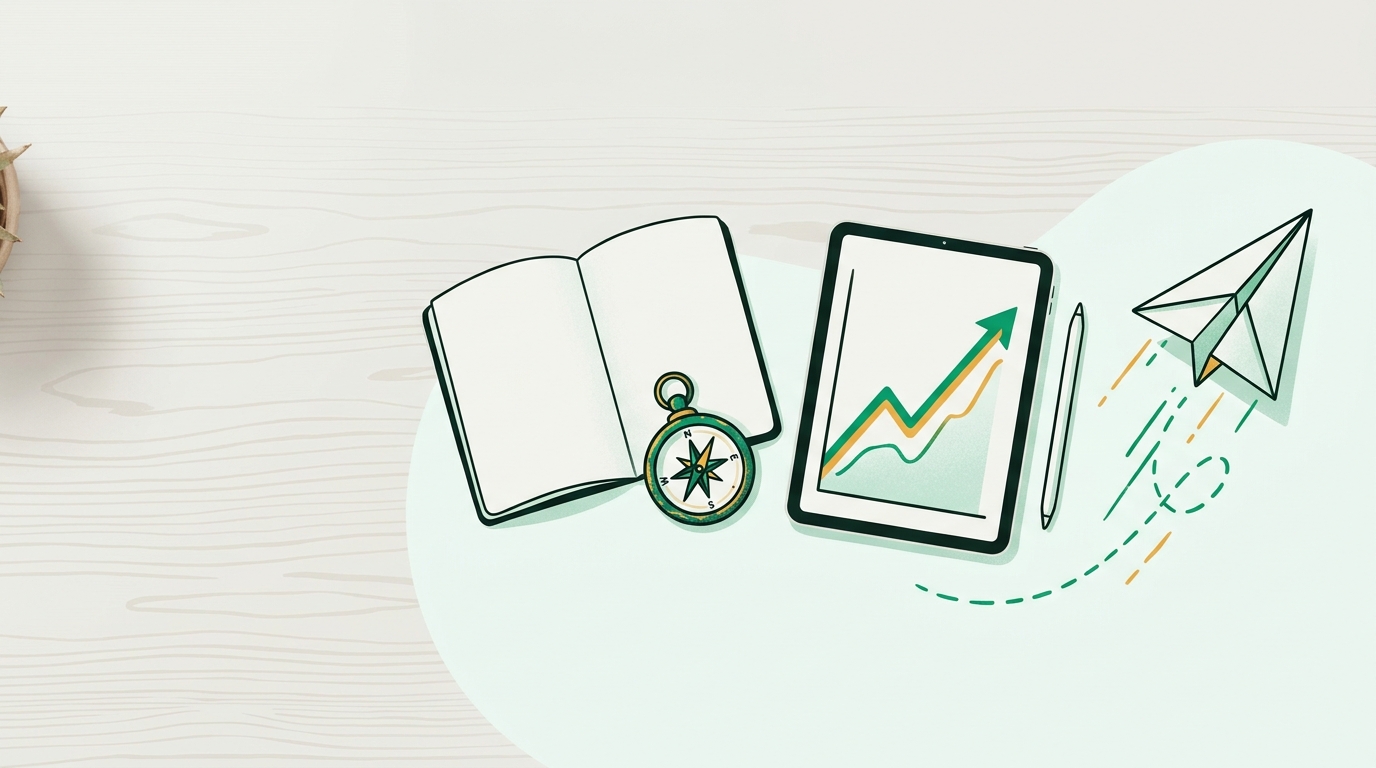 A desk with items symbolizing the SaaS launch process, including a notebook, a digital tablet with a graph, and a paper plane